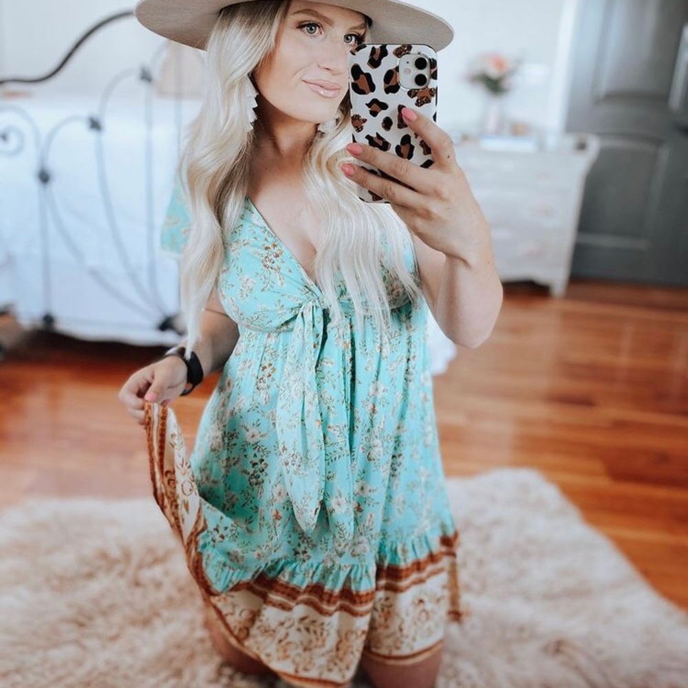 Blue, rust colored dress